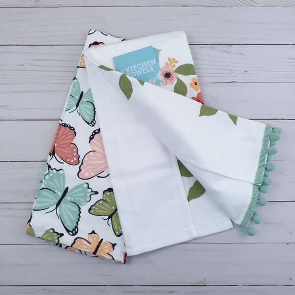 Kitchen Towels Set of 2 Flowers Birds Butterflies Dual Purpose - Picture 2 of 4